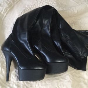 Thigh high pleather platform boots black